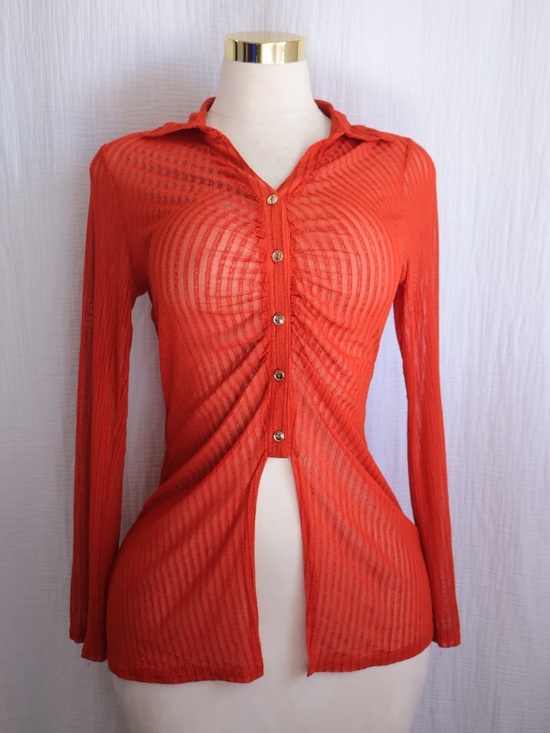 Ember Tops - Women's Sheer Button-Front Collared Top in Bright Orange